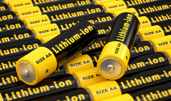 Pilas AA de iones de litio de color negro y amarillo con la etiqueta «Lithium-Ion».