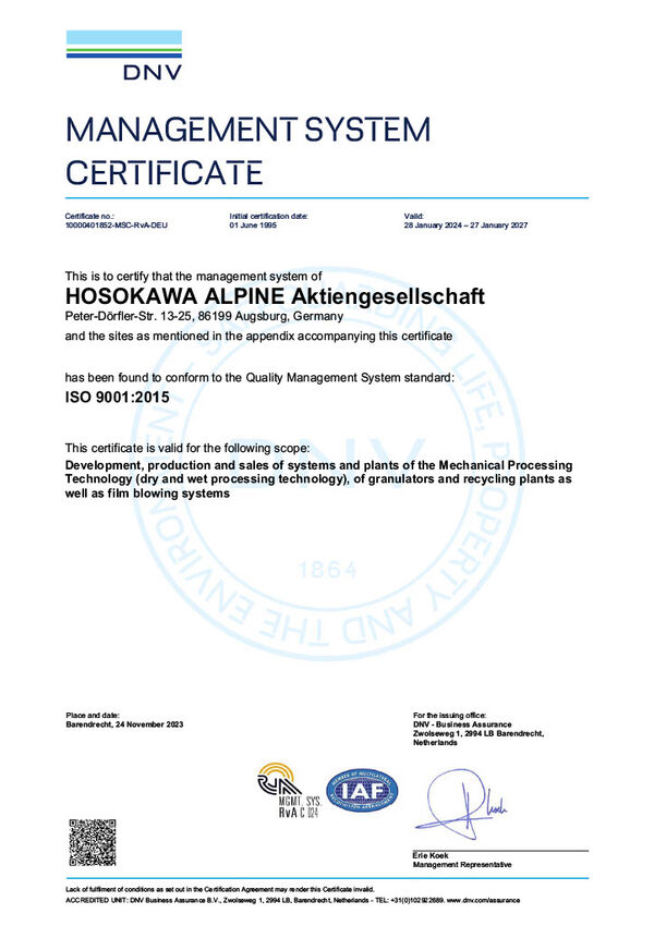 El certificado del sistema de gestión ISO 9001:2015 para Hosokawa Alpine.