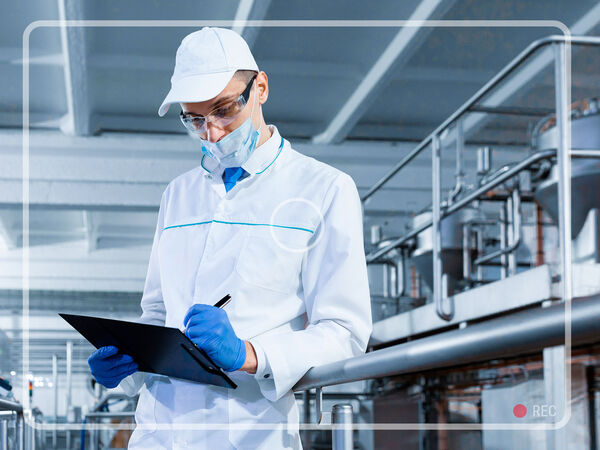 Un trabajador preparando documentación en un portapapeles en una nave industrial.